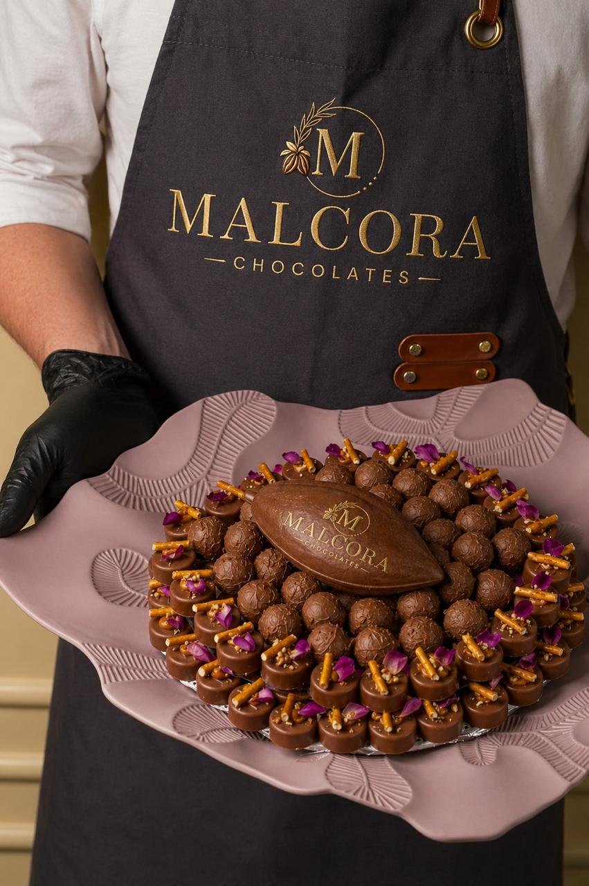 Malcora chocolatier holding a decorated chocolate platter