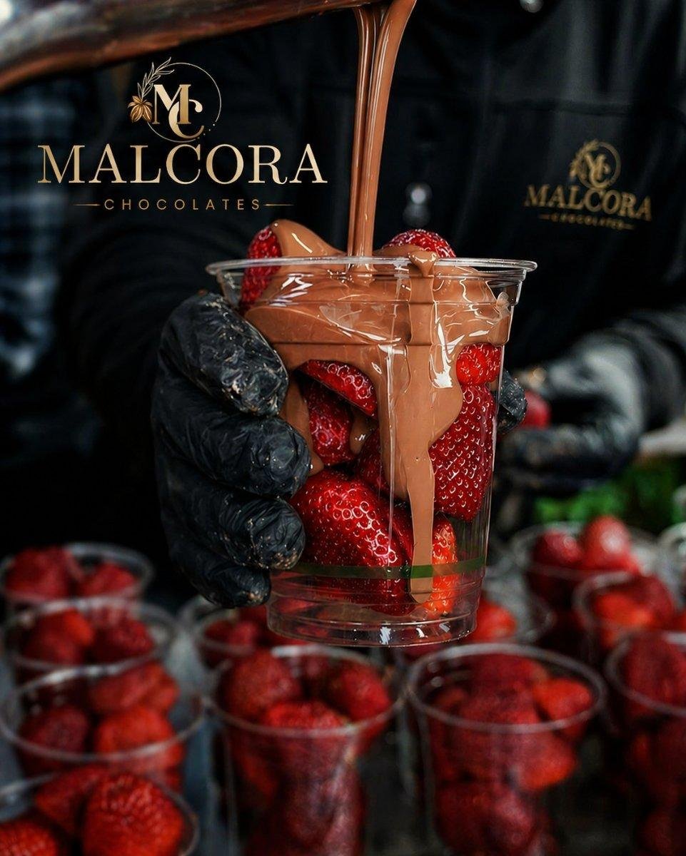 Molten chocolate poured over fresh strawberries at the Malcora shop